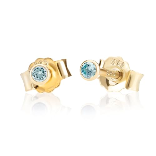 NKlaus Paar 2,5mm 585 Gelb Gold 14 Karat Ohrstecker Kristall Zirkonia Aquamarin Butterfly Verschluss Damen Mädchen 10999 von NKlaus