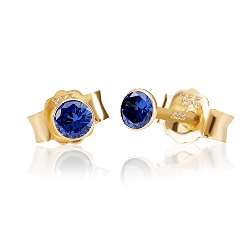 NKlaus Paar 3,5mm 333 Gelb Gold 8 Karat Ohrstecker Kristall Zirkonia Blau Butterfly Verschluss Damen Mädchen 3368 von NKlaus