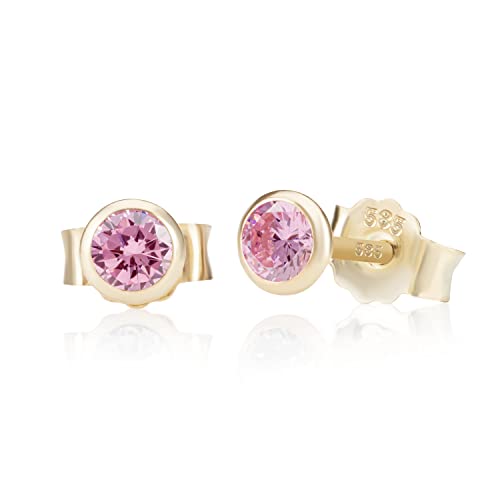 NKlaus Paar 4,0mm 585 Gelb Gold 14 Karat Ohrstecker Kristall Zirkonia Pink Butterfly Verschluss Damen Mädchen 11033 von NKlaus