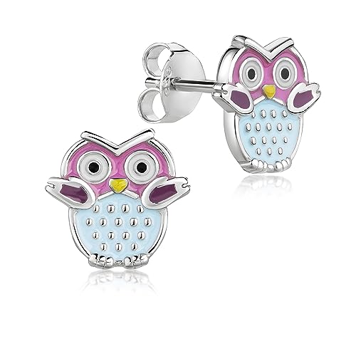 NKlaus Paar Ohrstecker Eule 925 Silber rhodiniert 9,5x9mm Kinder Ohrringe bunt bemalt 14805 von NKlaus