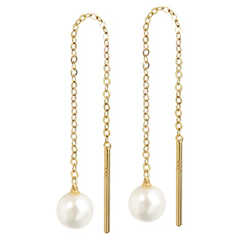 NKlaus Paar Süßwasserperlen Durchzieher 4,2mm Gelbgold 333 8 Karat Gold Ohrringe mit Ankerkette diamantiert Perlen Gold Ohrhänger 7962 von NKlaus