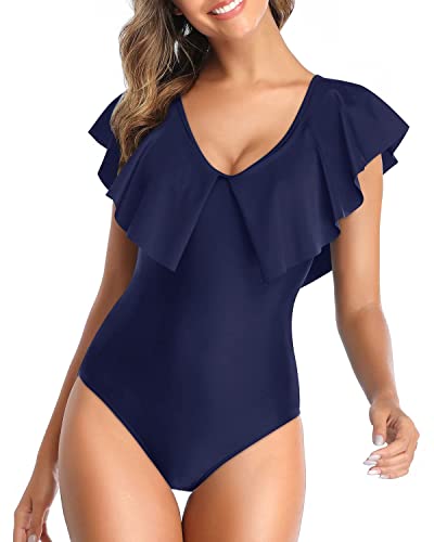 NLAND Damen Badeanzug Raffung Einteilige ademode Swimsuit Schlankheits Figurformend Strandmode mit V-Ausschnitt(Navy Blau,L) von NLAND
