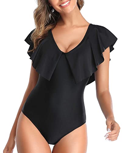 NLAND Damen Badeanzug Raffung Einteilige ademode Swimsuit Schlankheits Figurformend Strandmode mit V-Ausschnitt(Schwarz,L) von NLAND