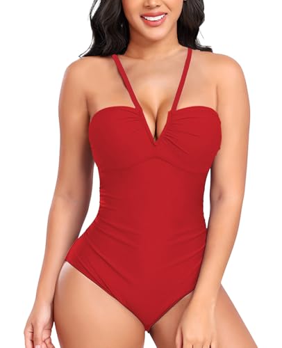 NLAND Damen Badeanzug V Ausschnitt One Piece Badeanzug Monokini Rückenfrei Elegant Bauchkontrolle Einteilige Bademode Swimsuit(Rotes XL) von NLAND