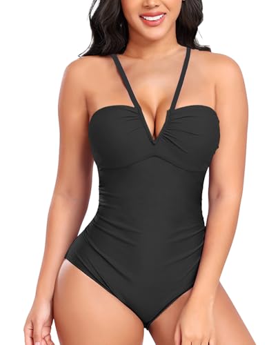 NLAND Damen Badeanzug V Ausschnitt One Piece Badeanzug Monokini Rückenfrei Elegant Bauchkontrolle Einteilige Bademode Swimsuit(Schwarzes M) von NLAND