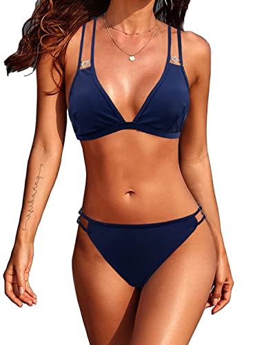 NLAND Damen Bikini Set Dreieck Dünner Riemen Diamantverzierung Doppelter Riemen Verstellbare Brasilianische Bademode(Navy Blau,S) von NLAND