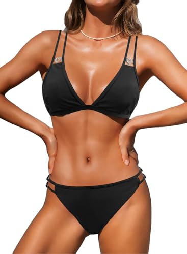 NLAND Damen Bikini Set Dreieck Dünner Riemen Diamantverzierung Doppelter Riemen Verstellbare Brasilianische Bademode(Schwarz,S) von NLAND