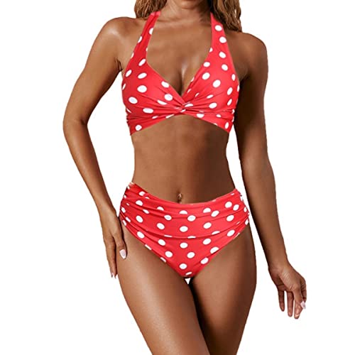 NLAND Damen Bikini Set Geknoteter Bikini Push Up Crossover Bikinioberteil Strandmode Zweiteiliger Badeanzug Lace Up Bikini High Waist Tankini Damen Set(Rote Tupfen,L) von NLAND