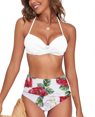 NLAND Damen Bikini Set Push Up Blumenmuster High Waist Bademode Bikini Zweiteiler Badeanzug Swimsuit mit Verstellbaren Trägern(Weiß,M) von NLAND