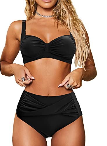 NLAND Damen Bikini Set Twisted Plissierter Bauch High Waist Bikini Zweiteiliger Badeanzug Retro Träger High Waist Bikini(Schwarz,L) von NLAND