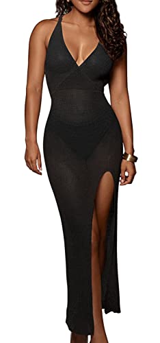 NLAND Damen Gestrickte Strandbluse Gehäkelter Langer Strandrock Geschlitzter Hosenträgerrock Mit Hoher Taille Hohler Bikini-blusenrock(Schwarz,M) von NLAND