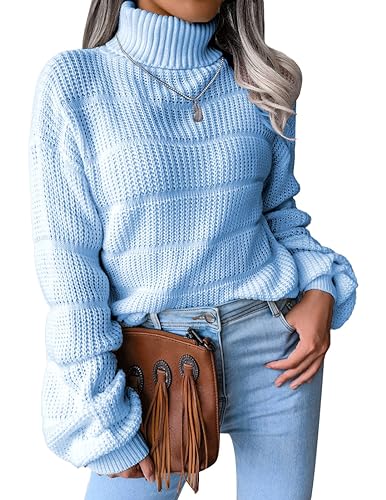 NLAND Damen Langarm Rollkragenpullover Strickpulli Stretch Weich Warm Rolli für Herbst Winter Strickpullover Casual Oversized Loose Solide Elastisch Sweatshirts(Blau-1,L) von NLAND