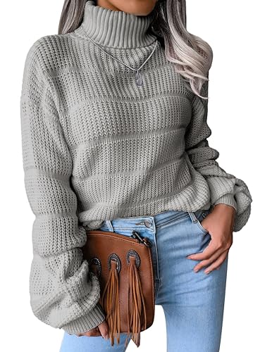 NLAND Damen Langarm Rollkragenpullover Strickpulli Stretch Weich Warm Rolli für Herbst Winter Strickpullover Casual Oversized Loose Solide Elastisch Sweatshirts(Grau-1,S) von NLAND