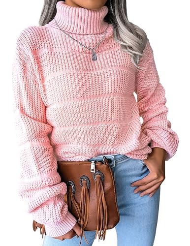 NLAND Damen Langarm Rollkragenpullover Strickpulli Stretch Weich Warm Rolli für Herbst Winter Strickpullover Casual Oversized Loose Solide Elastisch Sweatshirts(Rosa-1,M) von NLAND