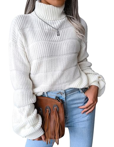 NLAND Damen Langarm Rollkragenpullover Strickpulli Stretch Weich Warm Rolli für Herbst Winter Strickpullover Casual Oversized Loose Solide Elastisch Sweatshirts(Weiß-1,M) von NLAND