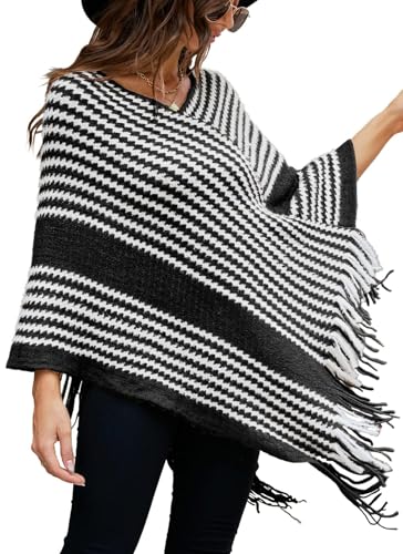 NLAND Damen Poncho Winter Elegant mit Fransen Warmer Strick Ponchos Capes Wickelschal für Herbst Winter Outdoor(Schwarz) von NLAND