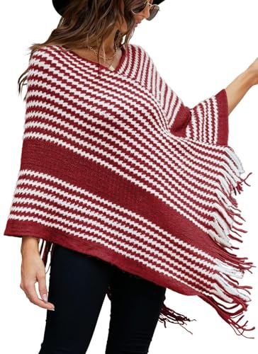NLAND Damen Poncho Winter Elegant mit Fransen Warmer Strick Ponchos Capes Wickelschal für Herbst Winter Outdoor(Weinrot) von NLAND