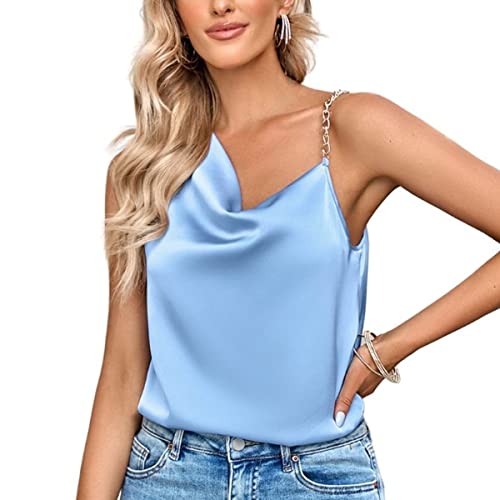 NLAND Damen Satin Tank Top Sommer Ärmellose Bluse Basic Oberteile Chiffon Casual Einfarbiges Lose Shirt Tops Kette Schulterriemen(Blau,M) von NLAND