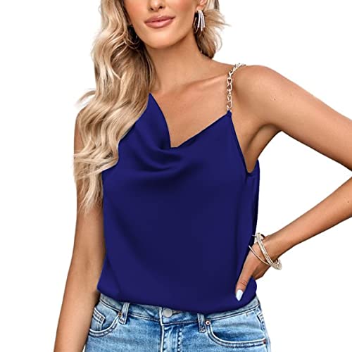 NLAND Damen Satin Tank Top Sommer Ärmellose Bluse Basic Oberteile Chiffon Casual Einfarbiges Lose Shirt Tops Kette Schulterriemen(Marineblau,L) von NLAND