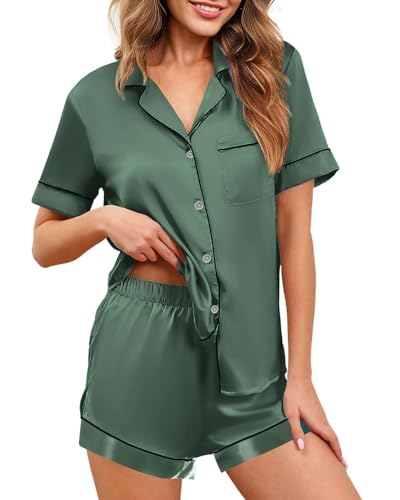 NLAND Damen Schlafanzug Set Satin Seide Pyjamas Set Button-Down Sleepwear Kurzarm Sommer Zweiteiliger Nachtwäsche Hausanzug(Grün,XL) von NLAND