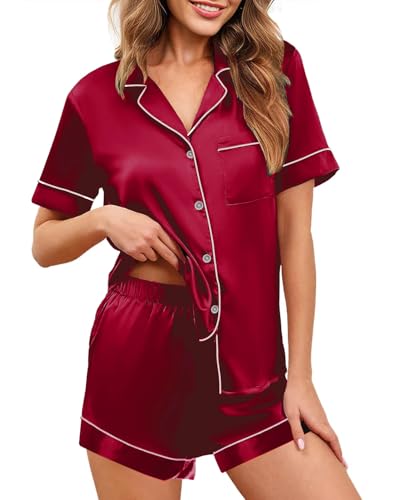 NLAND Damen Schlafanzug Set Satin Seide Pyjamas Set Button-Down Sleepwear Kurzarm Sommer Zweiteiliger Nachtwäsche Hausanzug(Weinrot,XXL) von NLAND