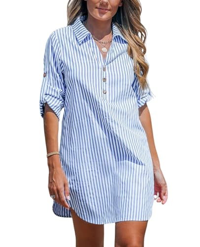NLAND Damen Sommer Vintage Button Down Hemdkleider Mit Langen Ärmeln Mode Gestreift Lose V-Ausschnitt Freizeitkleider，Himmelblau S von NLAND