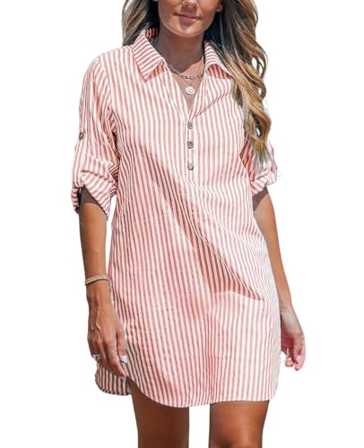 NLAND Damen Sommer Vintage Button Down Hemdkleider Mit Langen Ärmeln Mode Gestreift Lose V-Ausschnitt Freizeitkleider，Rosa M von NLAND