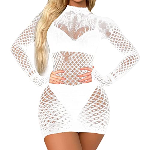 NLAND Damen Spitzen Reizwäsche Langärmeliges Nachthemd Heiße Nacht Transparente Babydoll Nachtwäsche Babydoll (Weiß,One Size) von NLAND