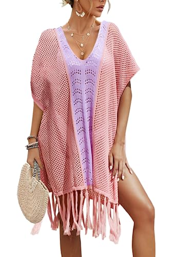 NLAND Damen Strandkleid Strandponcho Gestrickte Strandtunika Badeanzug Bikini Cover-Ups mit Quasten (One Size, Rosa+Lila) von NLAND