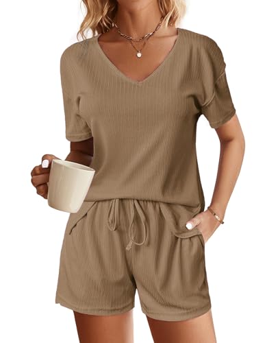 NLAND Damen Tracksuit Sommer Top Shorts für Damen Zweiteiler Kurzarm V-Ausschnitt Hausanzug Workout Sport Anzug，Khaki L von NLAND