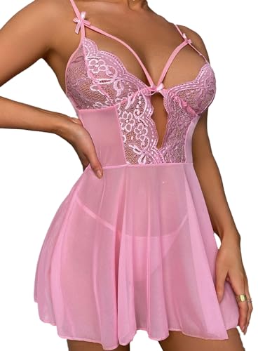 NLAND Dessous Damen Spitze Set Babydoll Nachtwäsche Lingerie Unterwäsche Tief V Ausschnitt Lingerie mit G-String（Rosa） von NLAND