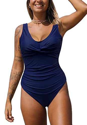 NLAND Einteiliger Badeanzug Bademode V Ausschnitt Damen Badeanzug Bauchweg Push Up Bademode Einfarbig Einteilige Swimsuit(Navy Blau,XL) von NLAND