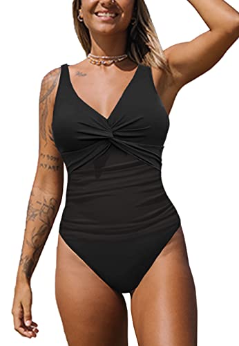 NLAND Einteiliger Badeanzug Bademode V Ausschnitt Damen Badeanzug Bauchweg Push Up Bademode Einfarbig Einteilige Swimsuit(Schwarz,XL) von NLAND