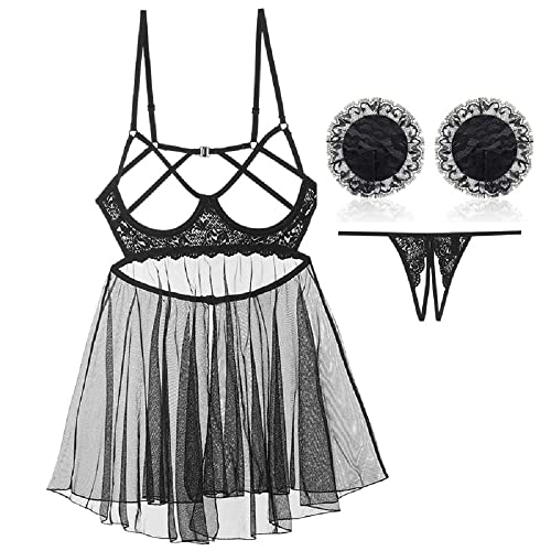 NLAND Fairy Damen Set Mesh Dessous Set Fischnetz Babydoll Valentinstag Nachtwäsche Set Mit G-String Durchsichtig Minikleid Unterkleid(Schwarz,XL) von NLAND