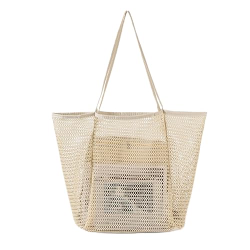 NLAND Große Mesh Strandtasche Damen Faltbare Umhängetasche mit Reißverschluss Einkaufstaschen für Shopper Reise (Beige) von NLAND