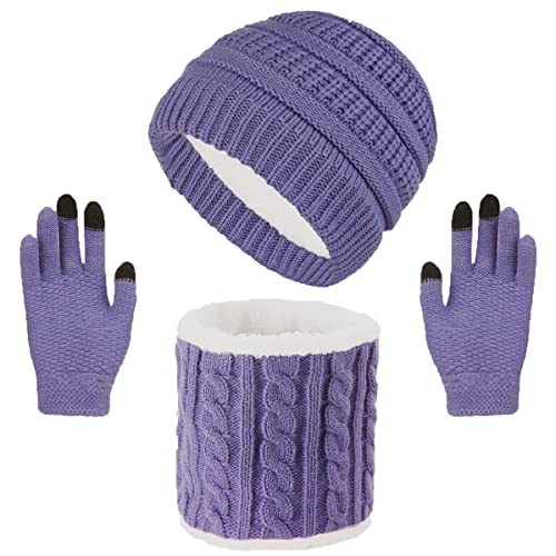 NLAND Mütze Schal Handschuhe und Kinder Set Strickmütze Fleecefutter Warme Winter Beanie für Baby 1-10 Jahre (Lila-L, 4-10 Jahre) von NLAND