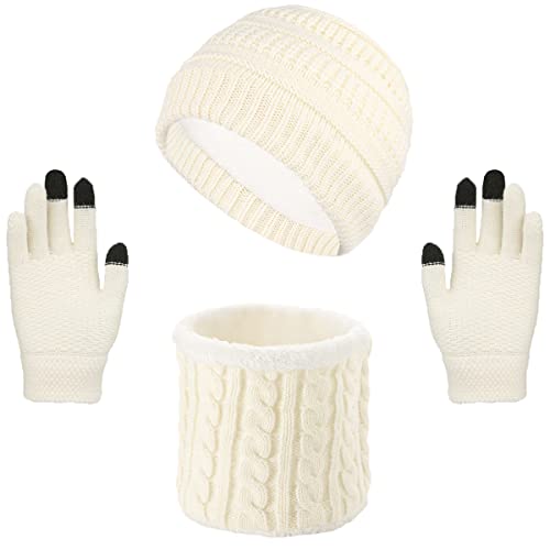 NLAND Mütze Schal Handschuhe und Kinder Set Strickmütze Fleecefutter Warme Winter Beanie für Baby 1-10 Jahre (Weiß-L, 4-10 Jahre) von NLAND