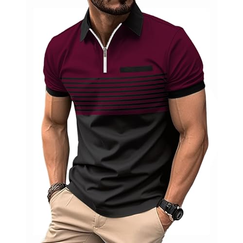 NLAND Poloshirt Herren Kurzarm Polo Streifen Golf Shirt Tshirts Männer Polohemd Muscle Fit Tops mit Fake-Brusttasche Golfen Tennis,Burgunderrot L von NLAND