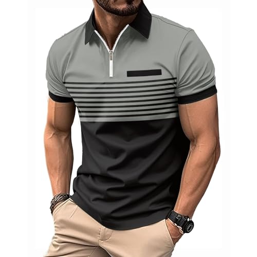 NLAND Poloshirt Herren Kurzarm Polo Streifen Golf Shirt Tshirts Männer Polohemd Muscle Fit Tops mit Fake-Brusttasche Golfen Tennis,Grau XL von NLAND