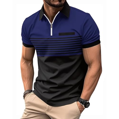 NLAND Poloshirt Herren Kurzarm Polo Streifen Golf Shirt Tshirts Männer Polohemd Muscle Fit Tops mit Fake-Brusttasche Golfen Tennis,Marine 3XL von NLAND