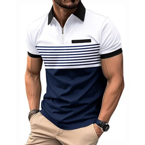 NLAND Poloshirt Herren Kurzarm Polo Streifen Golf Shirt Tshirts Männer Polohemd Muscle Fit Tops mit Fake-Brusttasche Golfen Tennis,Weiß M von NLAND