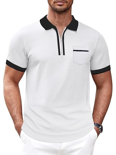 NLAND Poloshirt Herren Kurzarm Polohemd Sommer Freizeit Polo T-Shirts mit Reißverschluss Atmungsaktiv Schnelltrocknend Sport Tshirt，Weiß XXL von NLAND