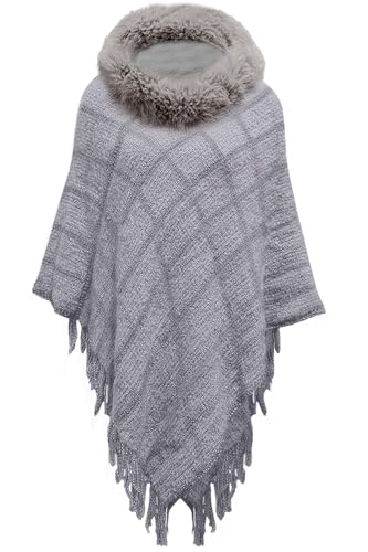 NLAND Poncho Femme Cape Franges Elégante Hiver Crochet Ponchos Avec UNE écharpe Chaude Epaule Echarpe Manteau Pour Printemps Automne,Grigio von NLAND