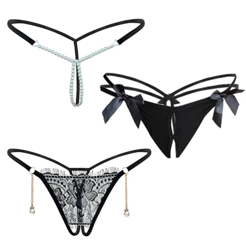 NLAND Strings Tangas Damen 3er Set Spitze Atmungsaktiv Unterhosen Frauen V-Waist Unterwäsche Frau Lingerie Offener Schritt Tanga,A von NLAND