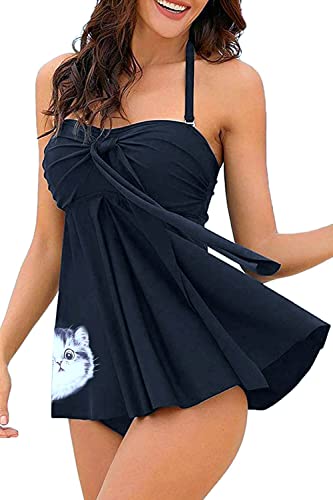 NLAND Tankini-Badebekleidung Für Damen 2-teilig Mit Faltenrock Badeanzug Röhrenoberteil Neckholder Abnehmbare Träger Mit Kordelzug(Schwarze Katze,XXL) von NLAND