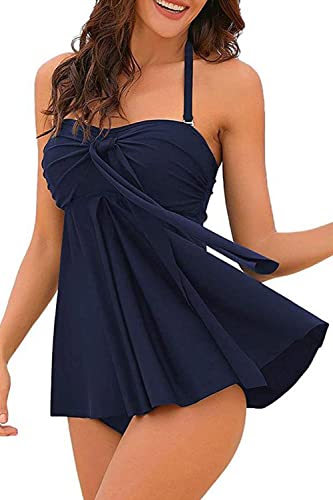 NLAND Tankini-Badebekleidung Für Damen 2-teilig Mit Faltenrock Badeanzug Röhrenoberteil Neckholder Abnehmbare Träger Mit Kordelzug von NLAND