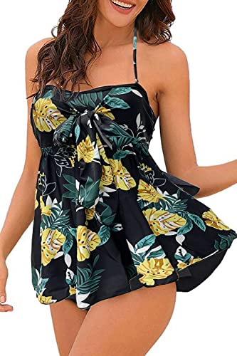 NLAND Tankini-Badebekleidung Für Damen 2-teilig Mit Faltenrock Badeanzug Röhrenoberteil Neckholder Abnehmbare Träger Mit Kordelzug(Schwarze Blätter,L) von NLAND
