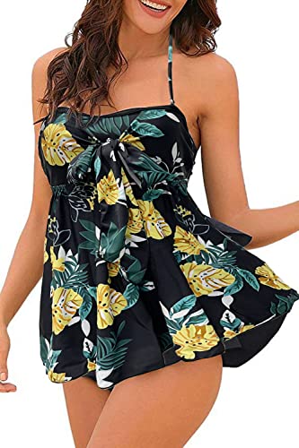 NLAND Tankini-Badebekleidung Für Damen 2-teilig Mit Faltenrock Badeanzug Röhrenoberteil Neckholder Abnehmbare Träger Mit Kordelzug von NLAND