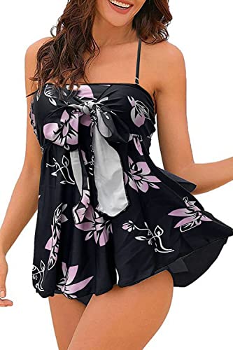 NLAND Tankini-Badebekleidung Für Damen 2-teilig Mit Faltenrock Badeanzug Röhrenoberteil Neckholder Abnehmbare Träger Mit Kordelzug(Schwarze Blume,M) von NLAND