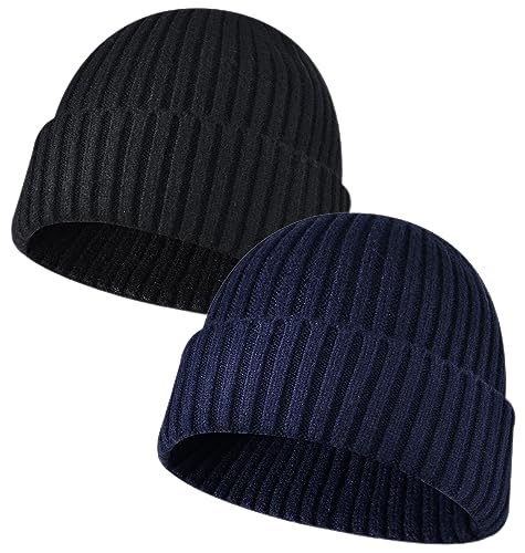 NLAND Unisex Retro Trawler Winter Beanie Hat Warme Wintermütze Damen Beanie Mütze Herren Strickmütze Weich und Leicht (Schwarz+Marine blau) von NLAND